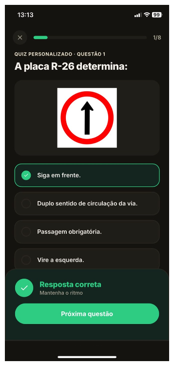 Tela do Via mostrando uma resposta correta em um quiz