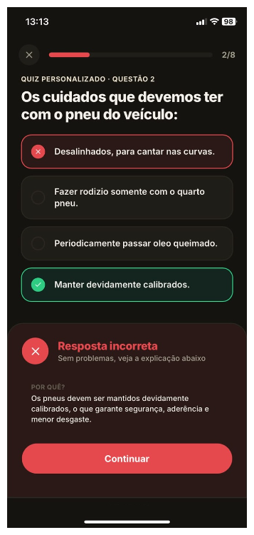 Tela do Via mostrando a explicação de uma resposta incorreta